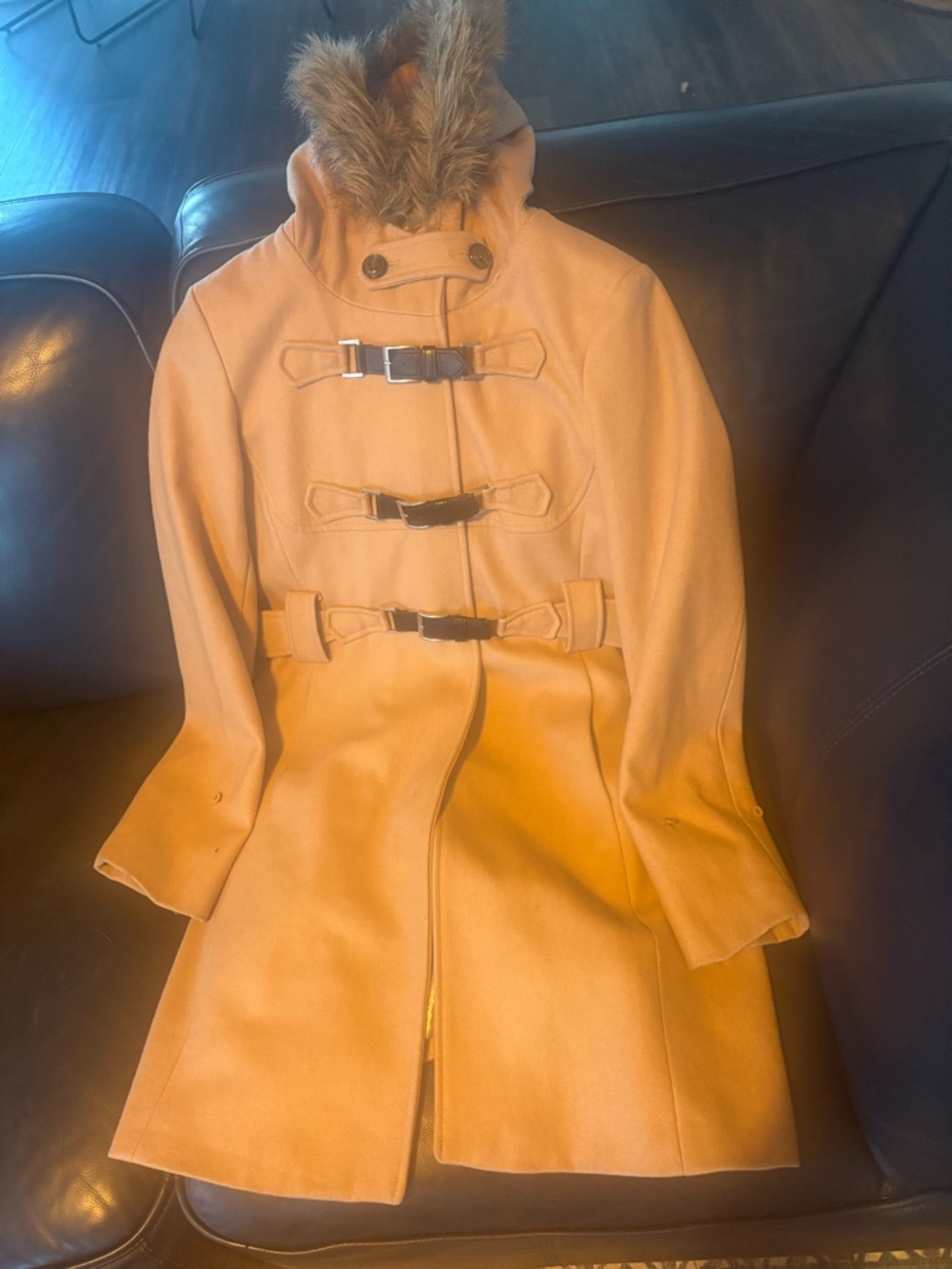 Vintage Moda Womens Camel Toggle Coat with Faux Fur Hood